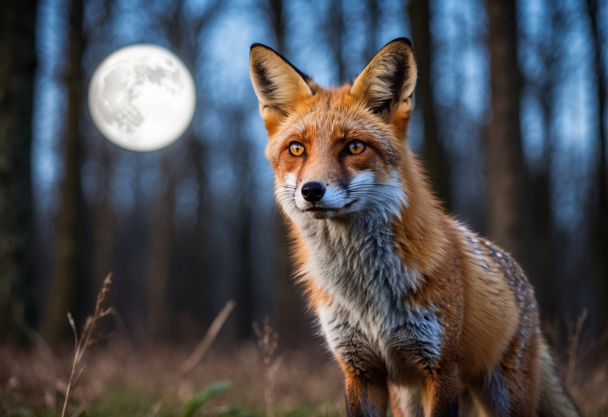 A fox stands alert in a moonlit forest, its eyes fixed on the viewer with a sense of mystery and wisdom