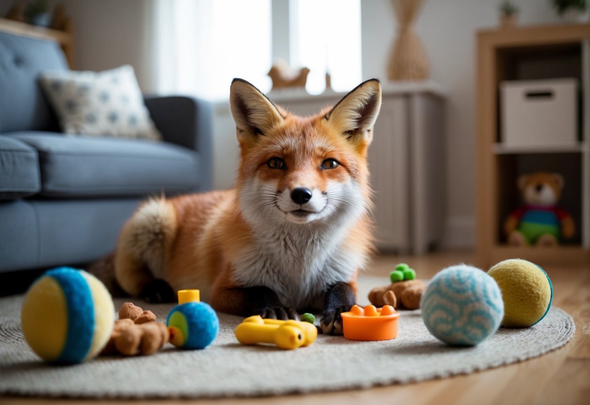 A fox lounges in a cozy domestic setting, surrounded by toys and treats, with a content expression on its face