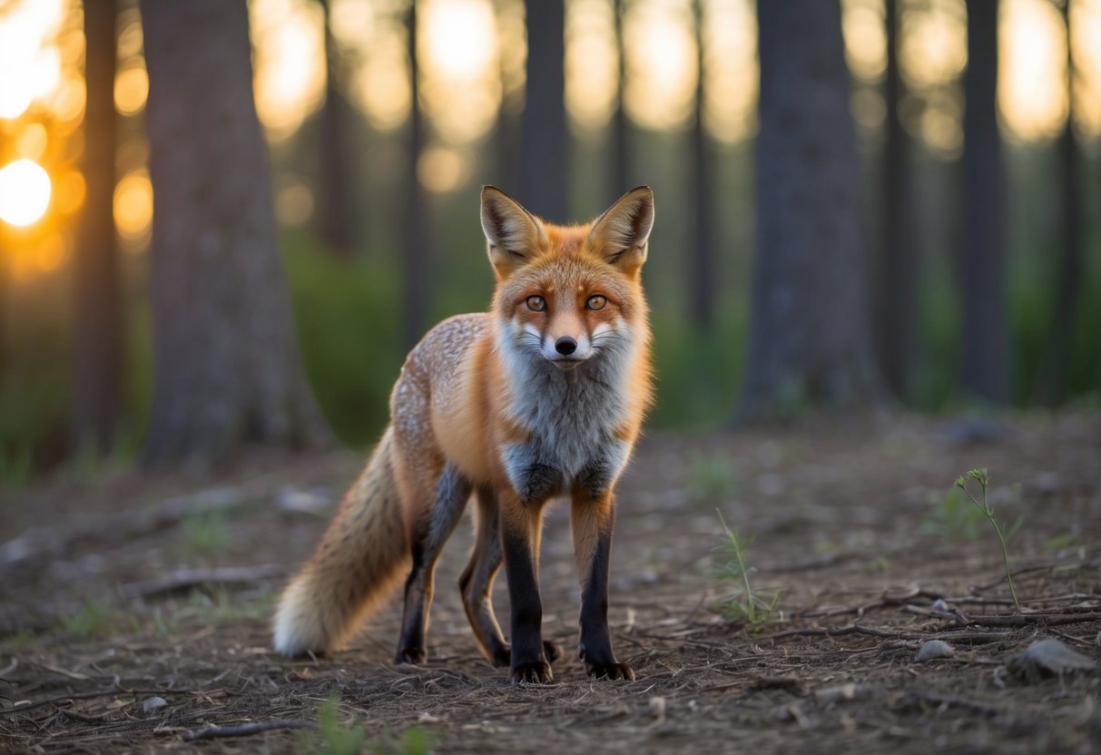 A fox stands in a forest clearing, its bright eyes locked on the viewer. The sun sets behind it, casting a warm glow on the scene