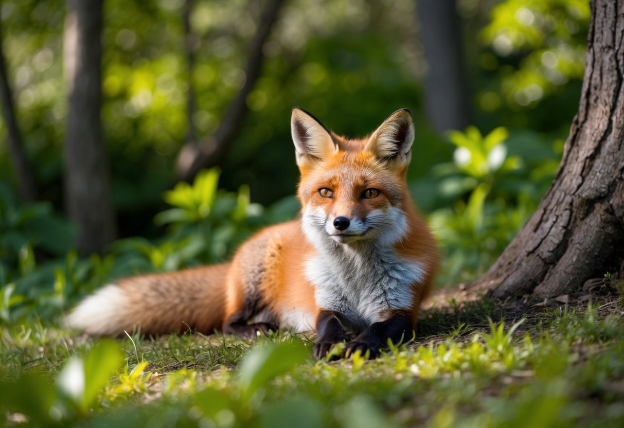 A red fox lounging in a lush, wooded area, its sleek fur catching the sunlight