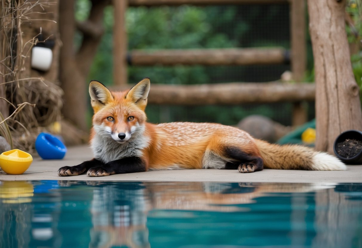 A fox lounges in a spacious, naturalistic enclosure with plenty of hiding spots, enrichment items, and a shallow pool for play and grooming