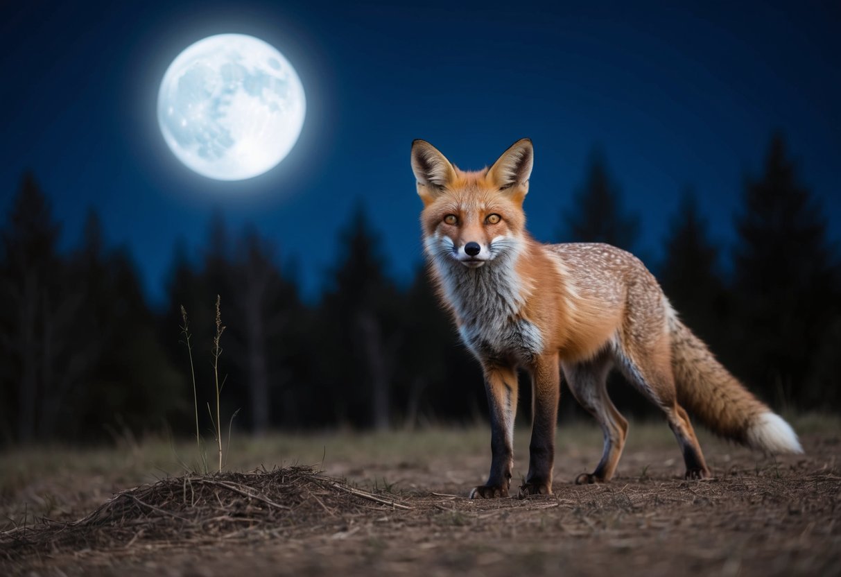 A fox stands alert under a moonlit sky, its eyes glinting as it approaches a small clearing in the dark forest