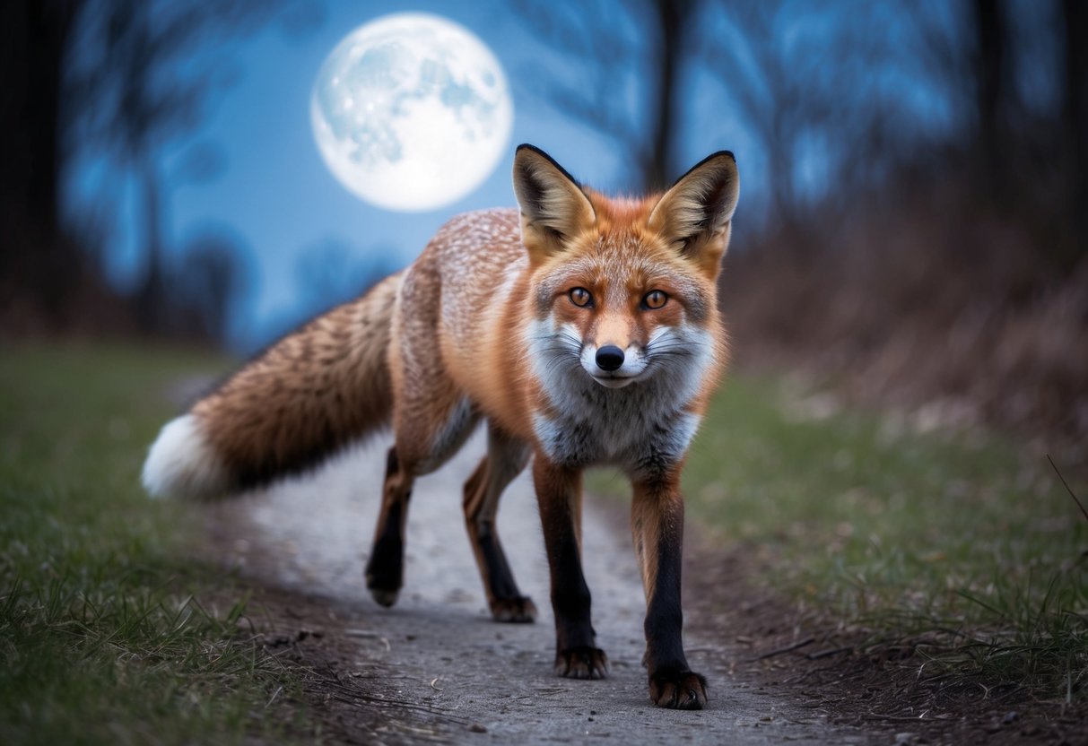 A fox cautiously approaches a dimly lit path, its ears perked and eyes alert. The moon casts a soft glow, highlighting the creature's sleek fur and bushy tail