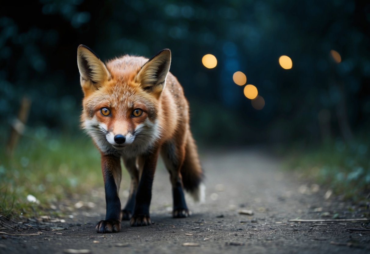 A fox cautiously approaches a dimly lit path, its ears alert and eyes glinting in the darkness