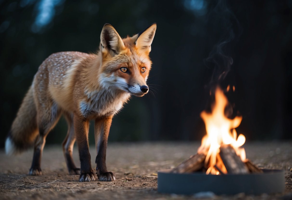 A fox stands alert in the moonlight, ears perked and eyes focused, as it cautiously approaches a small campfire