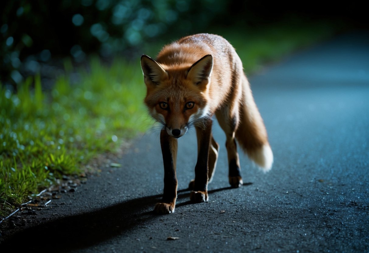 A fox cautiously approaches a dimly lit path at night, its eyes gleaming in the darkness as it pauses, considering its next move