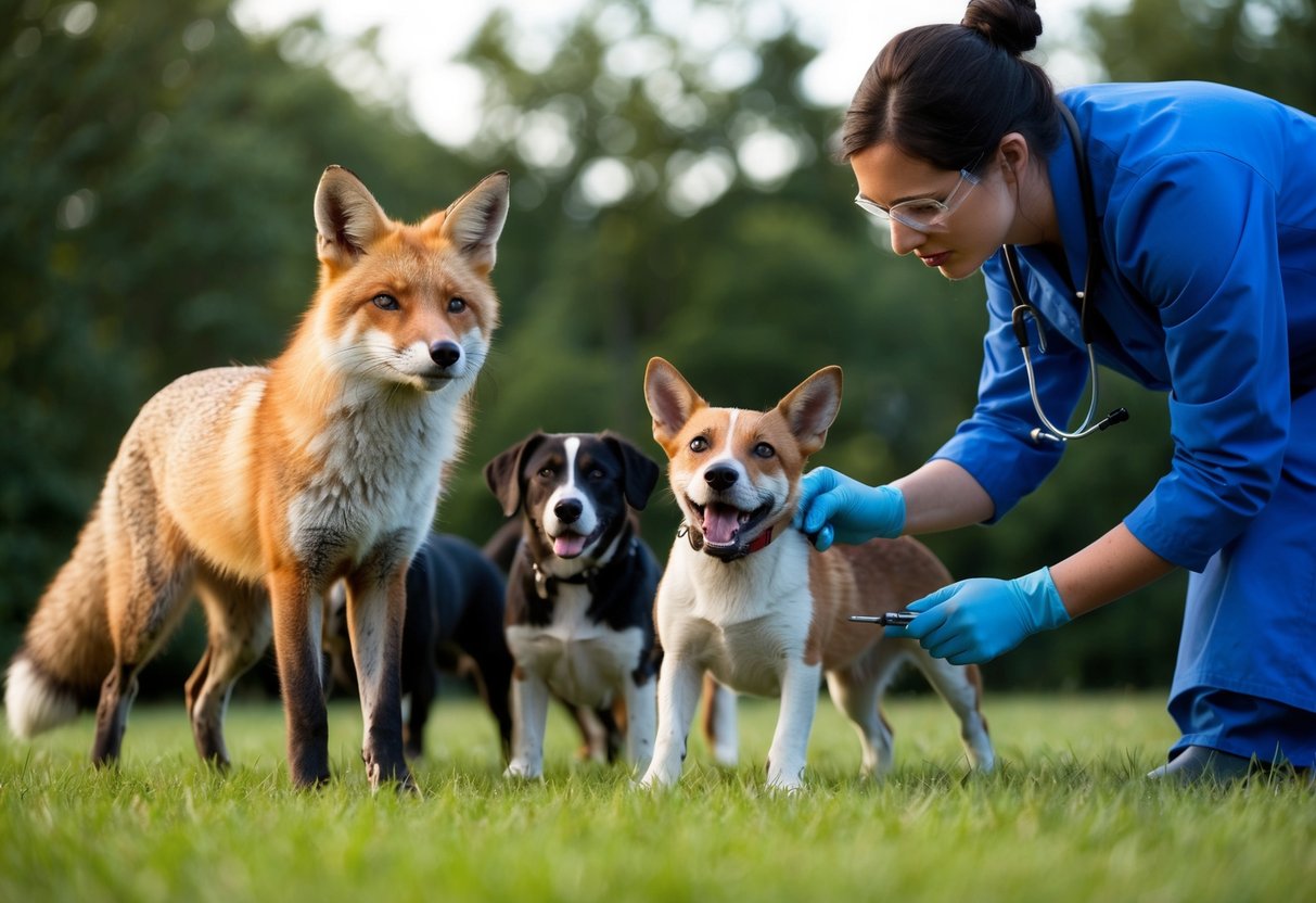 A fox with a wary expression, standing near a group of dogs, while a veterinarian examines a dog for signs of disease