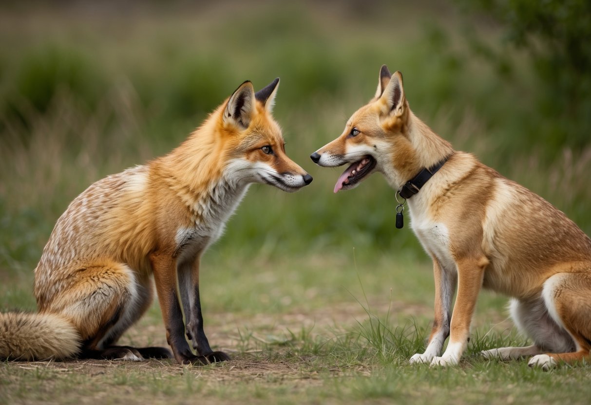 A fox and a dog interact in a natural outdoor setting, with the fox exhibiting signs of disease while the dog appears healthy