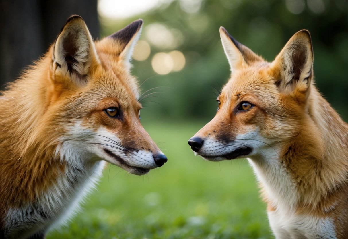 A fox and a dog facing each other, with the fox showing signs of illness and the dog exhibiting symptoms of a common fox-related disease