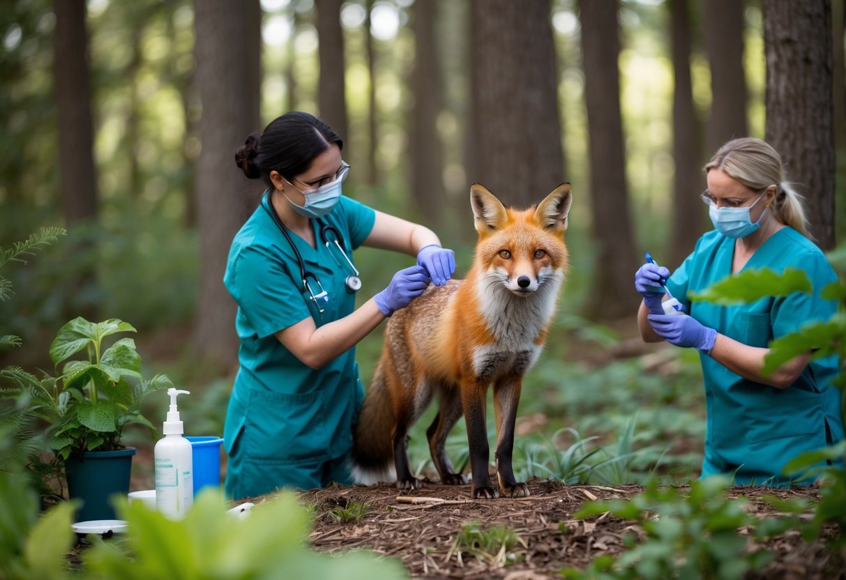 A fox stands in the woods, surrounded by various plants and trees. A veterinarian administers a vaccine while another prepares a treatment
