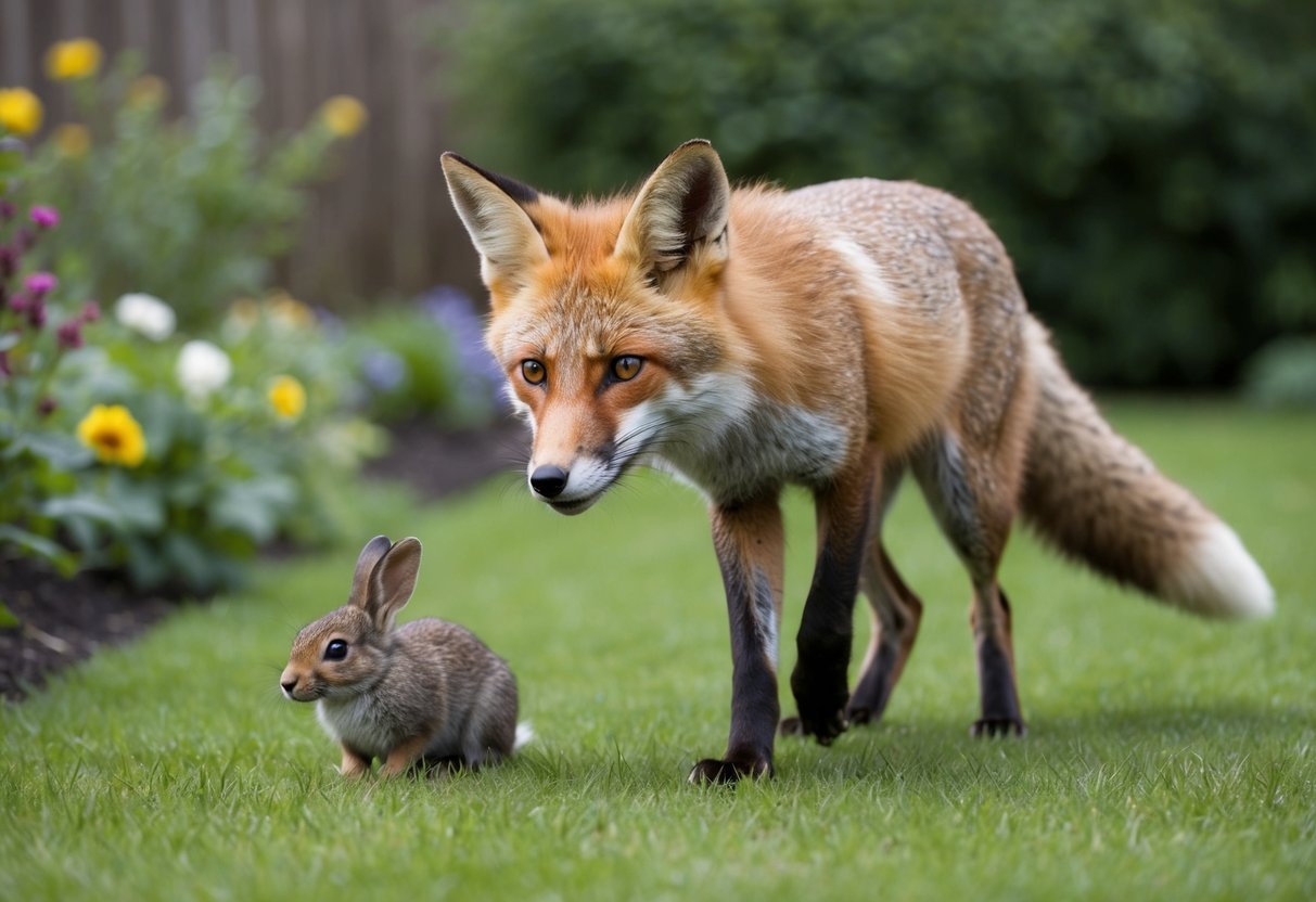 A fox prowls through a garden, its eyes fixed on a small rabbit