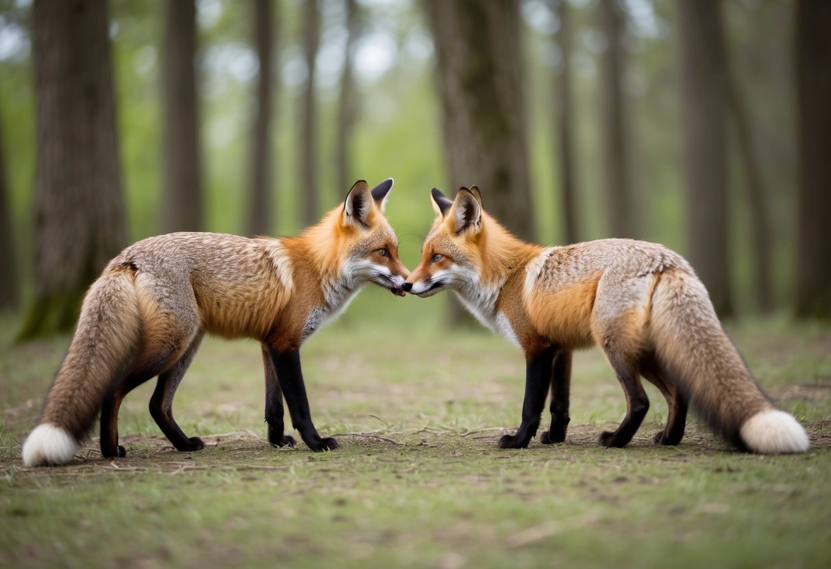 Two foxes cautiously approach each other in a tranquil forest clearing, their noses touching as they sniff each other in a peaceful interaction