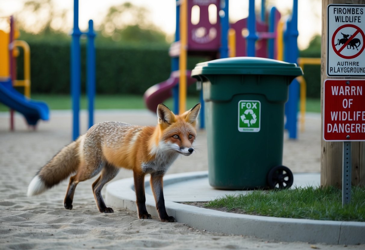 A fox prowls near a child's playground, its sharp eyes fixed on a trash bin. Nearby signs warn of wildlife dangers