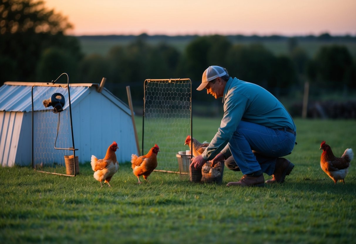 A farmer setting up fox deterrents around a chicken coop at dusk