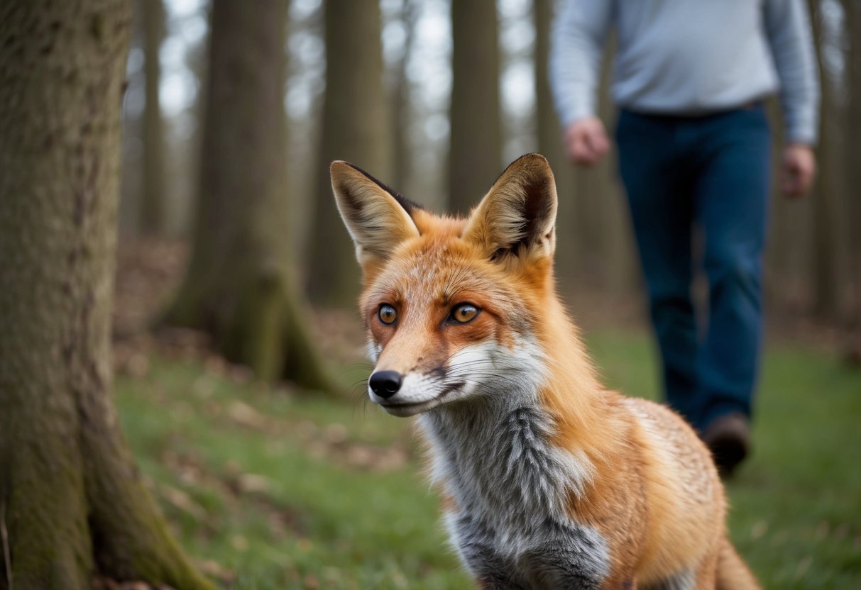 A fox cautiously observes a person from a distance, its ears perked and eyes focused, as the human walks through a wooded area