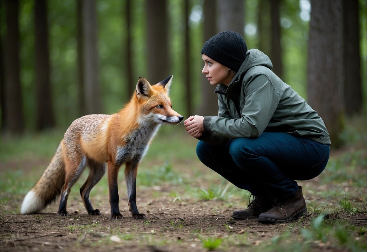A fox cautiously approaches a person standing still in a forest clearing, eyeing each other with curiosity and wariness