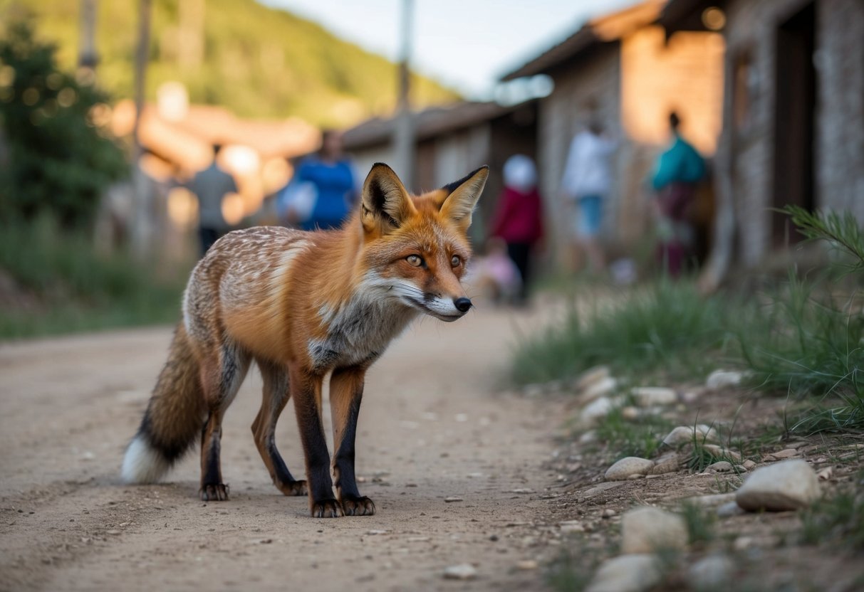 A fox cautiously approaches a village, observing human activities from a safe distance. The surrounding environment reflects a mix of natural and man-made elements