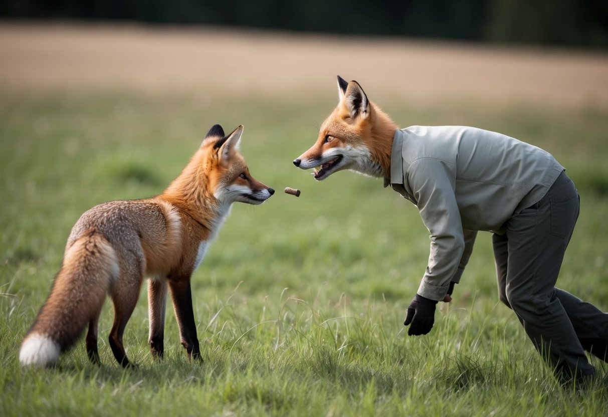 A fox approaches a person standing in a field, looking directly at them with a curious and alert expression. The person is holding out a small object, trying to communicate with the fox