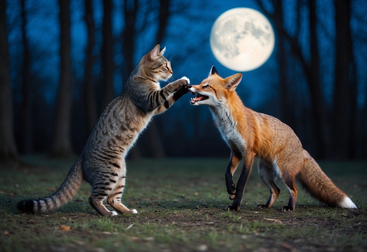 A cat hisses and arches its back, fending off a fox with bared teeth and claws in a moonlit forest clearing