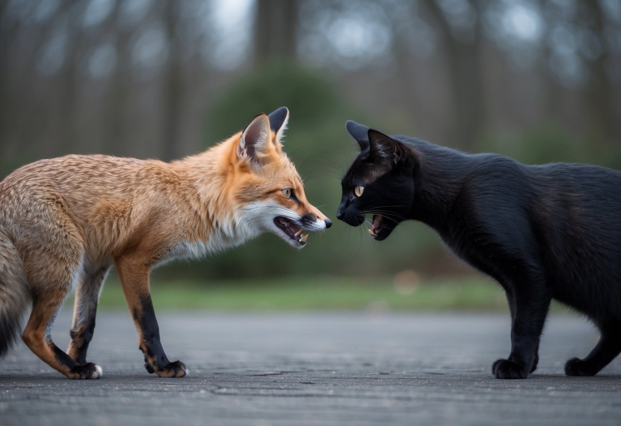 A sleek cat arches its back, hissing at a looming fox with bared teeth. The fox crouches, eyeing the cat warily