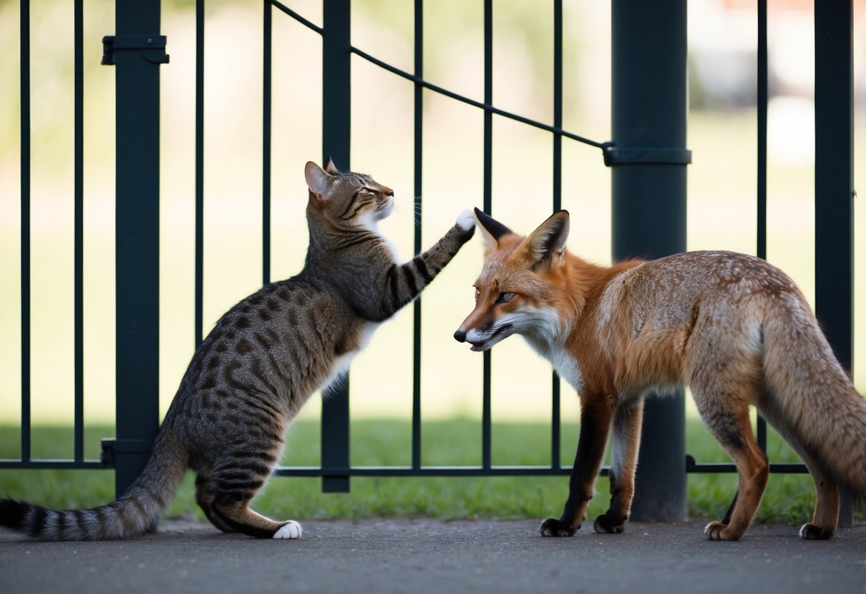 A cat hissing and arching its back as a fox approaches, with a tall fence or barrier separating the two animals