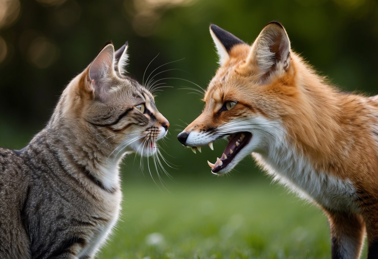 A cat hisses and arches its back, facing off against a fox with bared teeth and raised fur