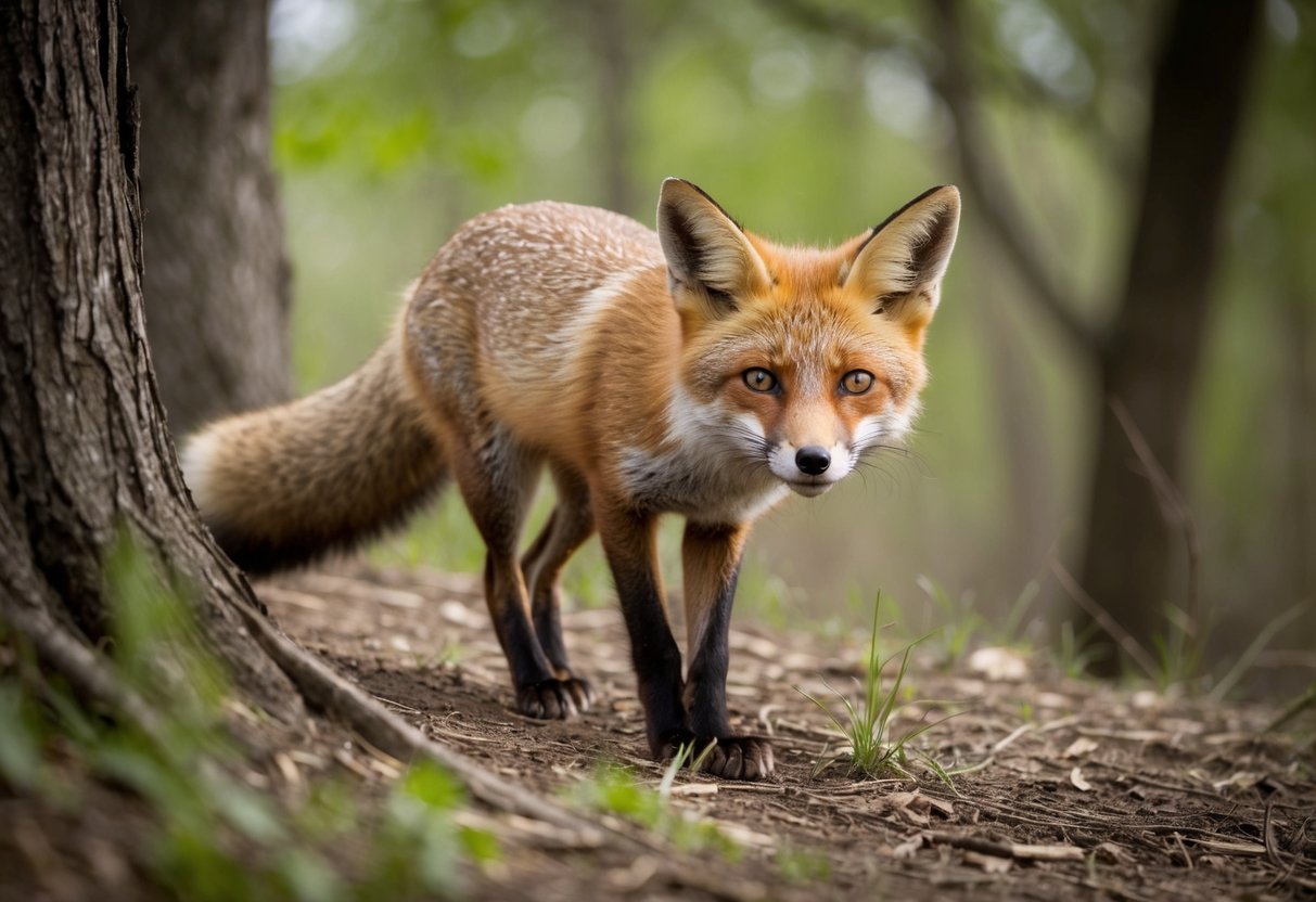 A fox cautiously watches from the edge of a wooded area, its ears perked up and eyes focused on something in the distance