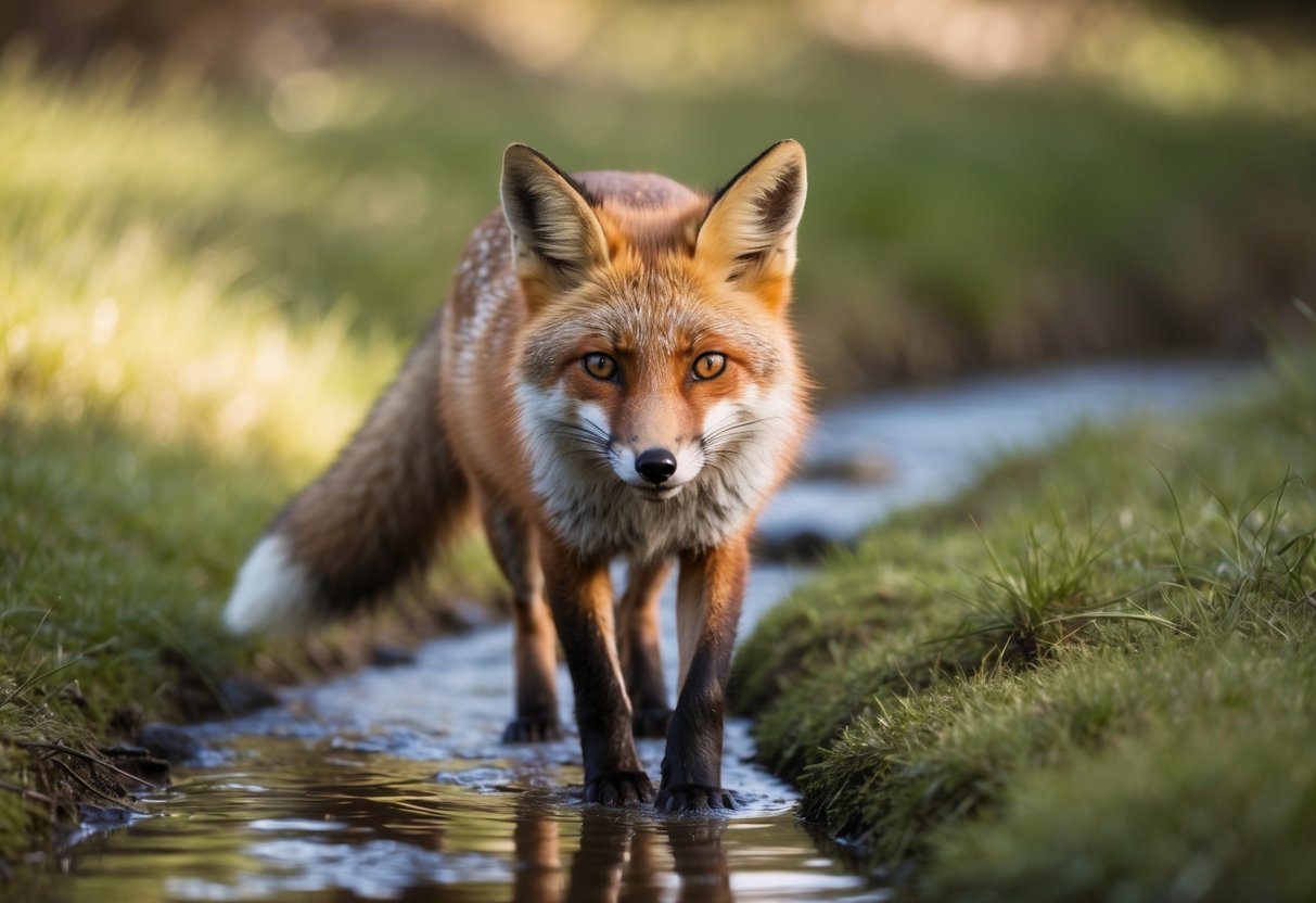 A fox cautiously approaches a small stream, alert and curious