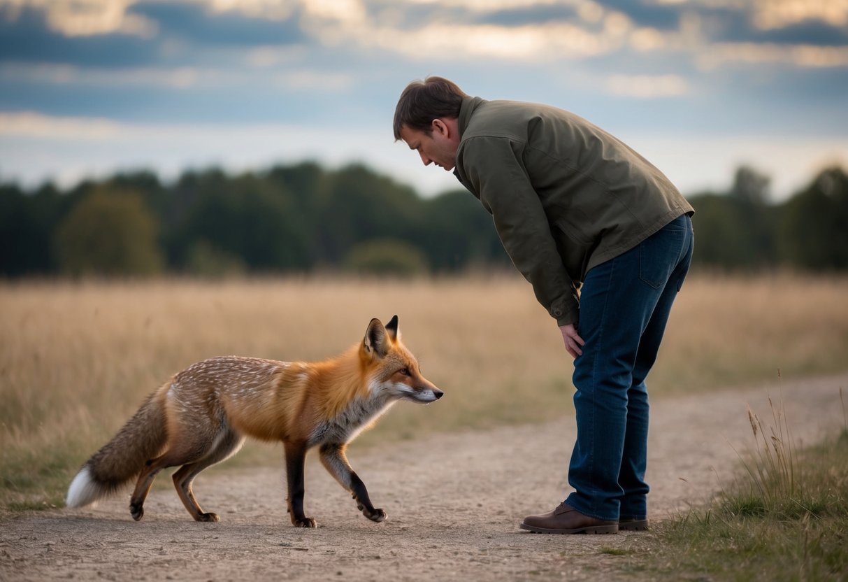 A fox cautiously approaches a person, who stands still with arms at their sides. The person avoids making direct eye contact and slowly backs away from the fox