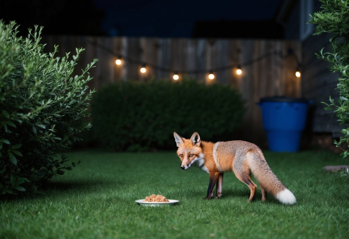 A backyard at night with a small dish of food placed on the ground, surrounded by bushes and a fox cautiously approaching