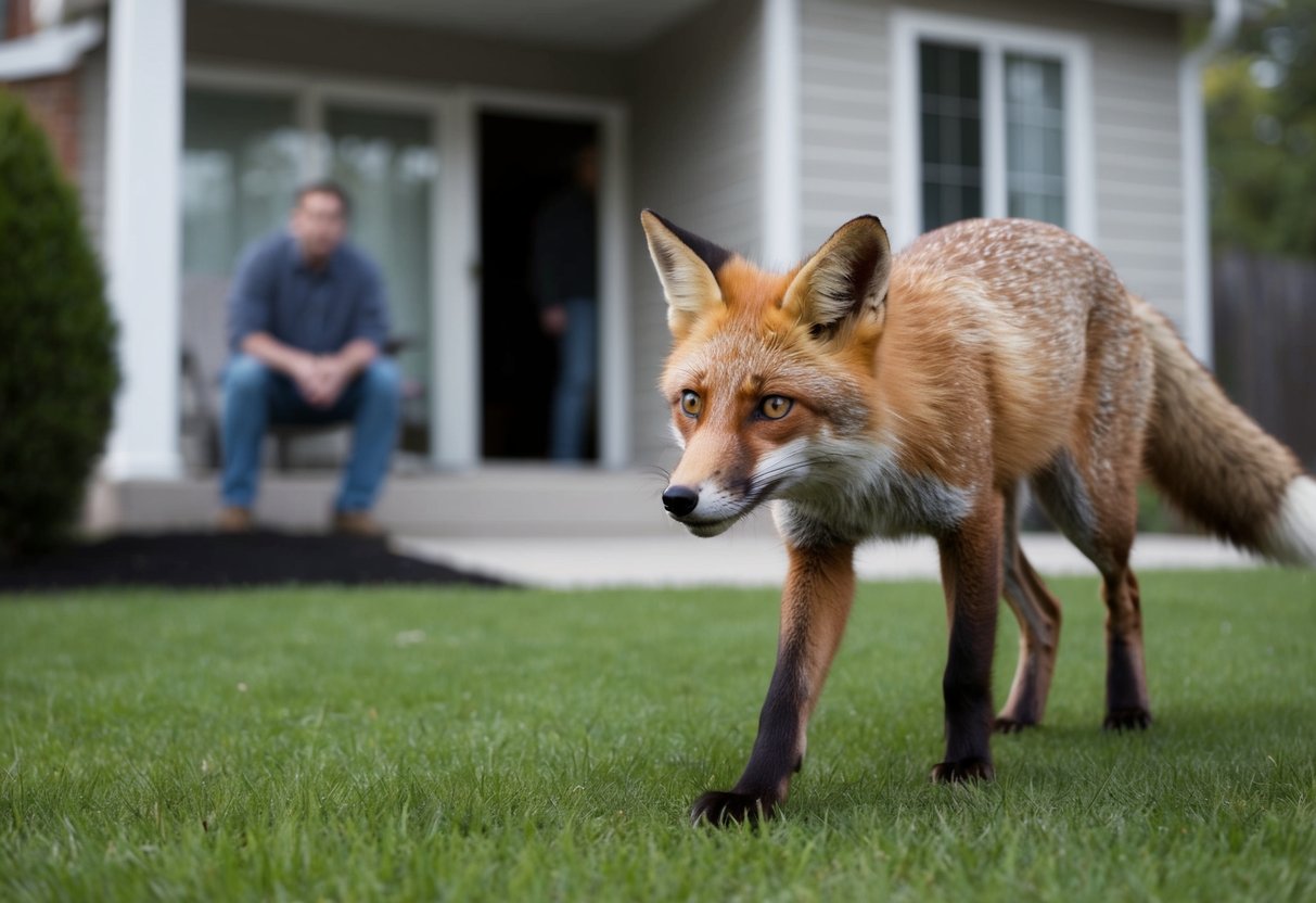 A fox cautiously approaches a residential backyard, its ears perked up and eyes alert. A person watches from inside the house, unsure of how to handle the situation