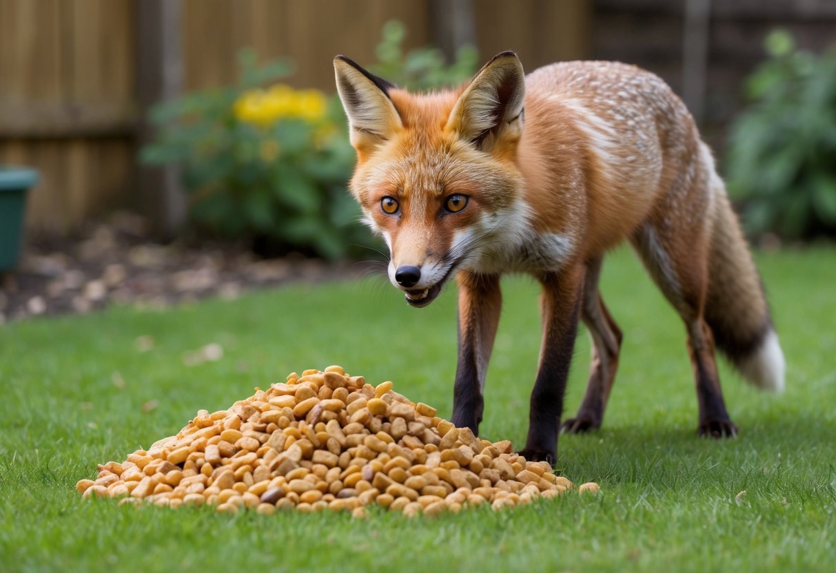 A fox eagerly approaches a pile of food left out in a backyard garden in the UK