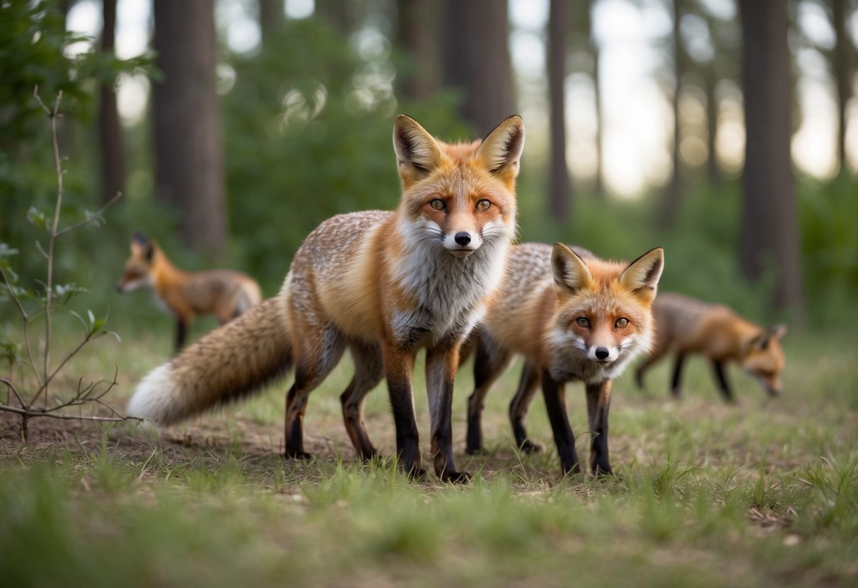 A fox peacefully coexisting with other wildlife in a serene forest setting