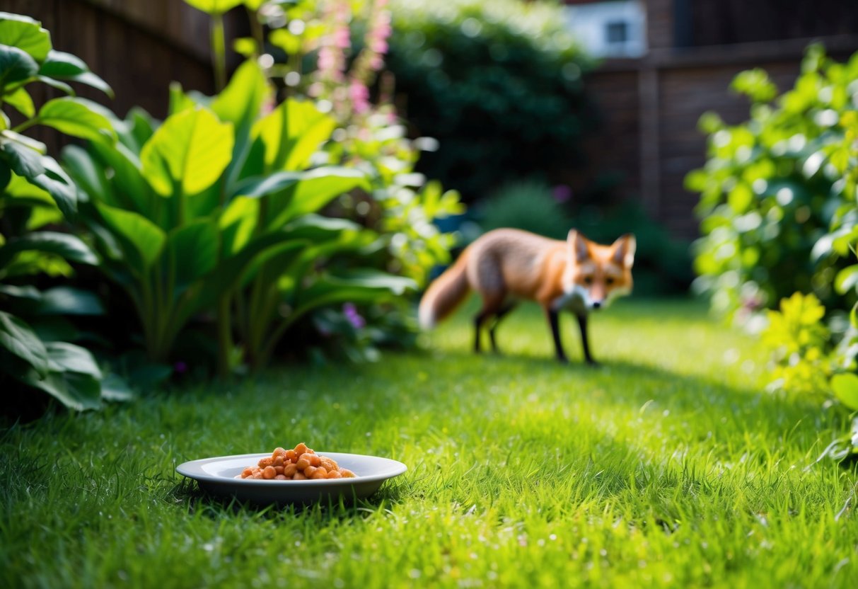 A suburban garden with a small dish of food placed on the ground, surrounded by lush greenery and a glimpse of a fox lurking in the shadows