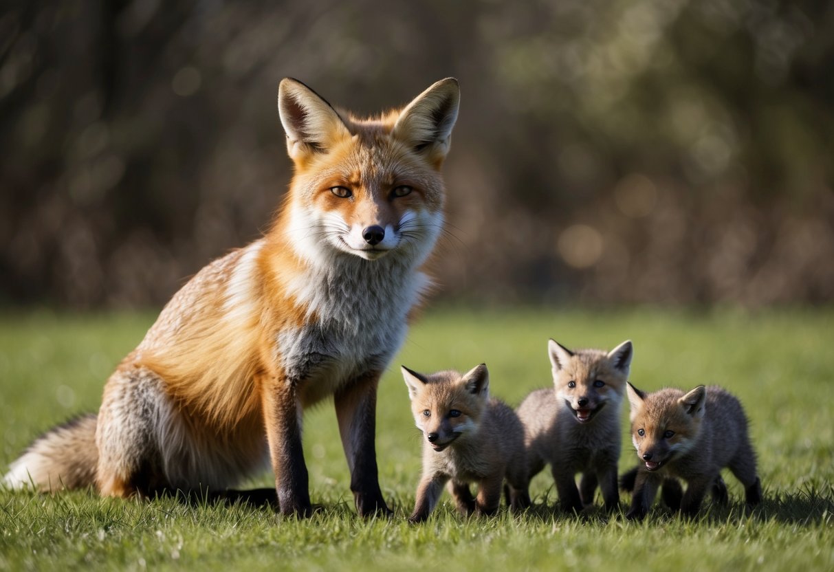 A fox basks in the sun, eyes half-closed, tail wagging gently, surrounded by a playful litter of young kits