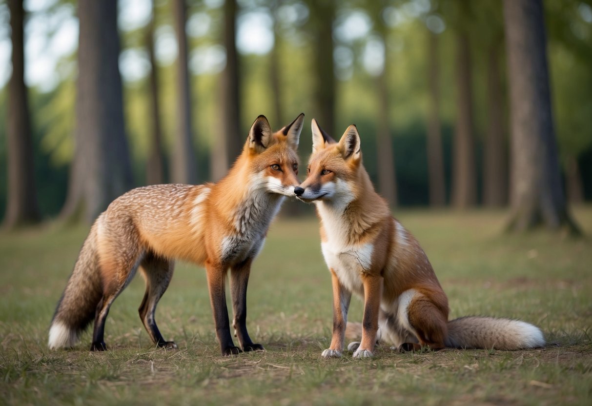 A fox and a dog sniff each other cautiously in a peaceful forest clearing