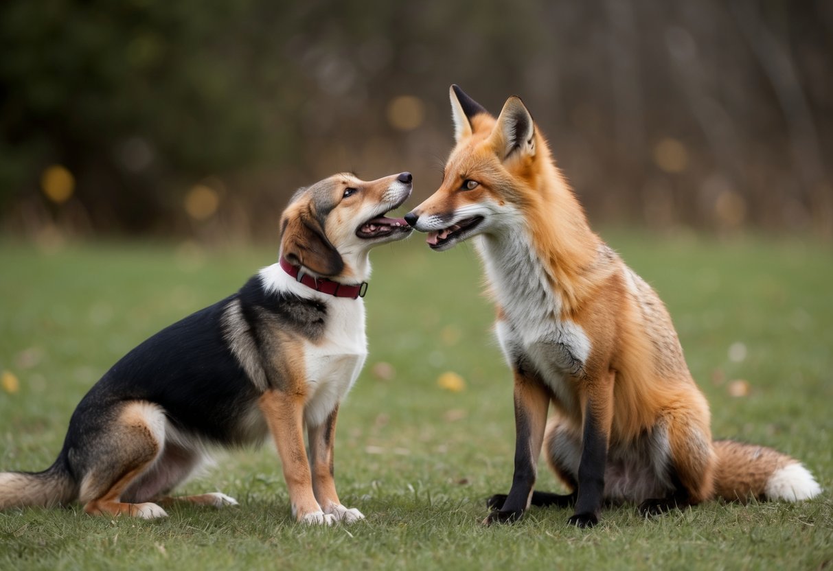 A friendly fox playfully interacts with a dog in a natural setting, both animals appearing relaxed and at ease with each other