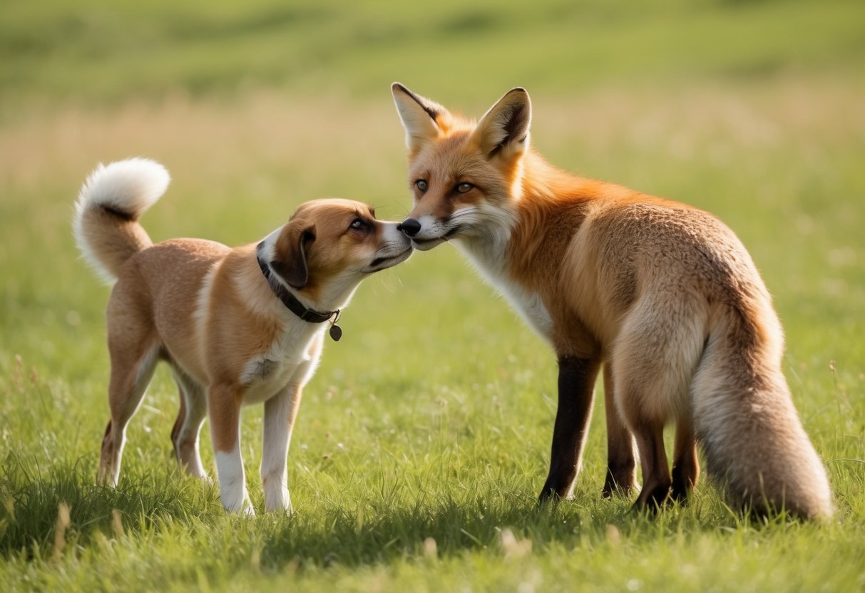 A red fox and a dog sniff each other curiously in a grassy meadow