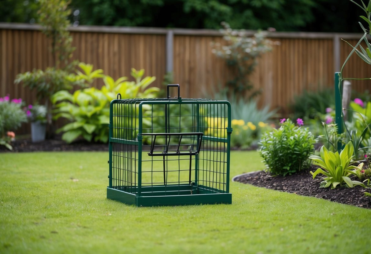 A fox trap set in a lush garden with a small fence and various plants