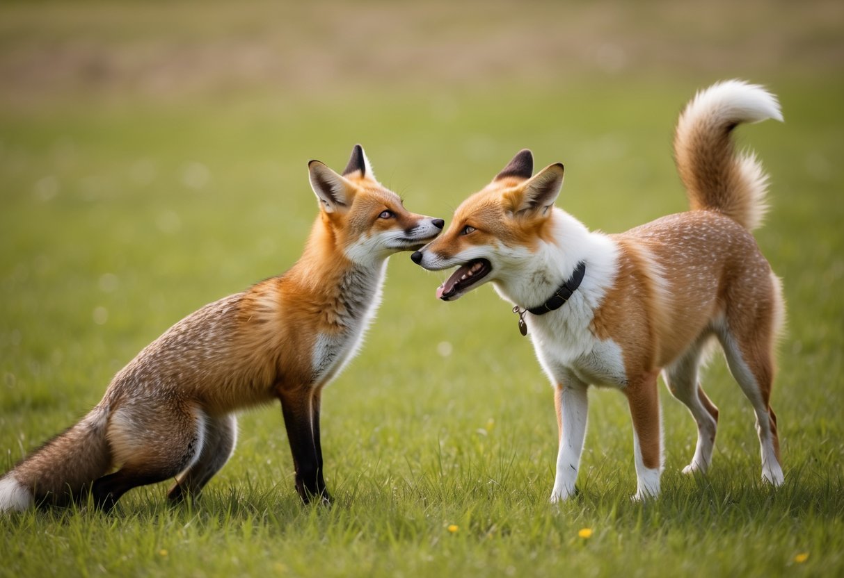 A fox and a dog playfully interact in a grassy field, sniffing each other and wagging their tails