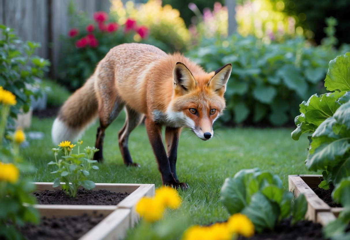 A fox prowls through a lush garden, sniffing around flower beds and vegetable patches