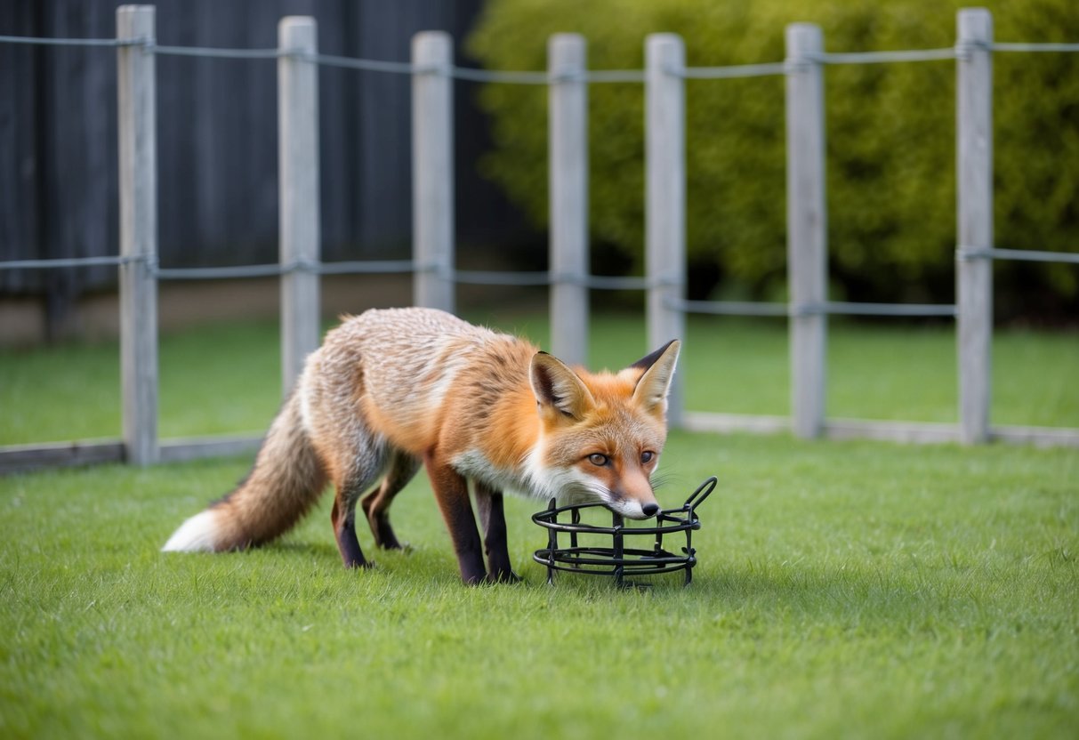 A fox caught in a snare trap, surrounded by a fenced garden with tall, sturdy barriers