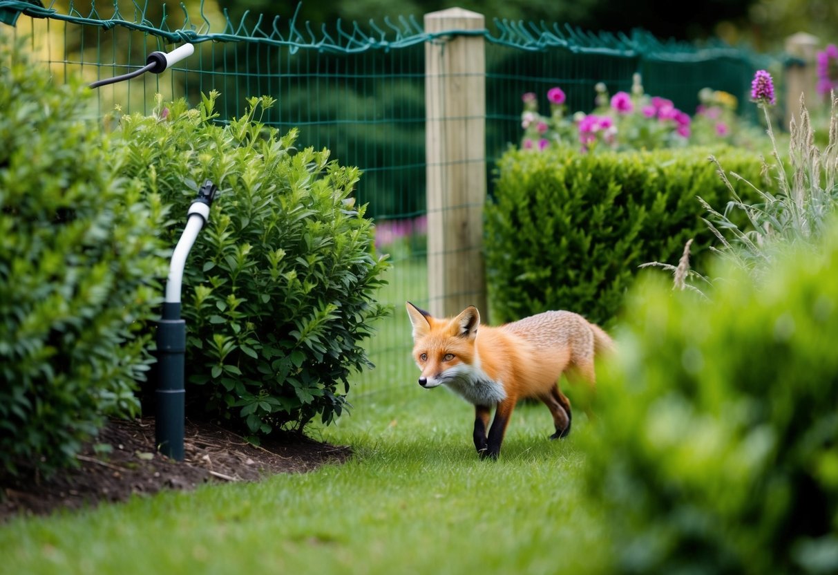 A lush garden with a fox sneaking through the bushes, surrounded by fencing and deterrents like motion-activated sprinklers and natural repellents