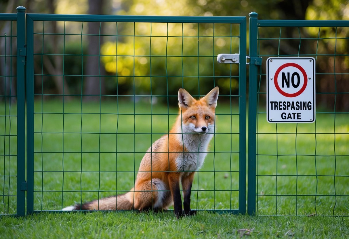 A fox sits inside a fenced backyard, looking out at the surrounding trees and grass. A "No Trespassing" sign is posted on the gate
