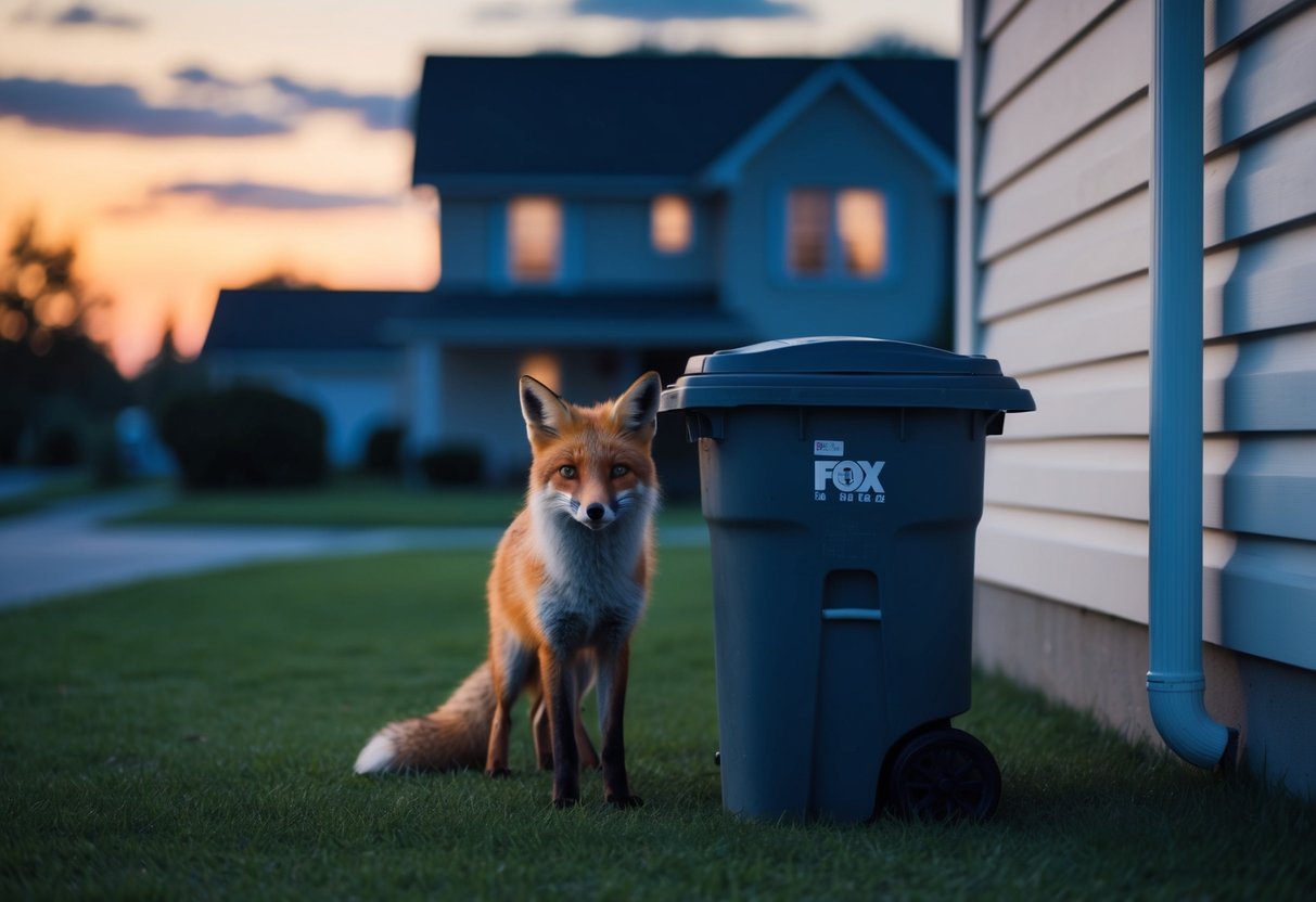 A fox with a mischievous expression eyes a trash can near a suburban house at dusk