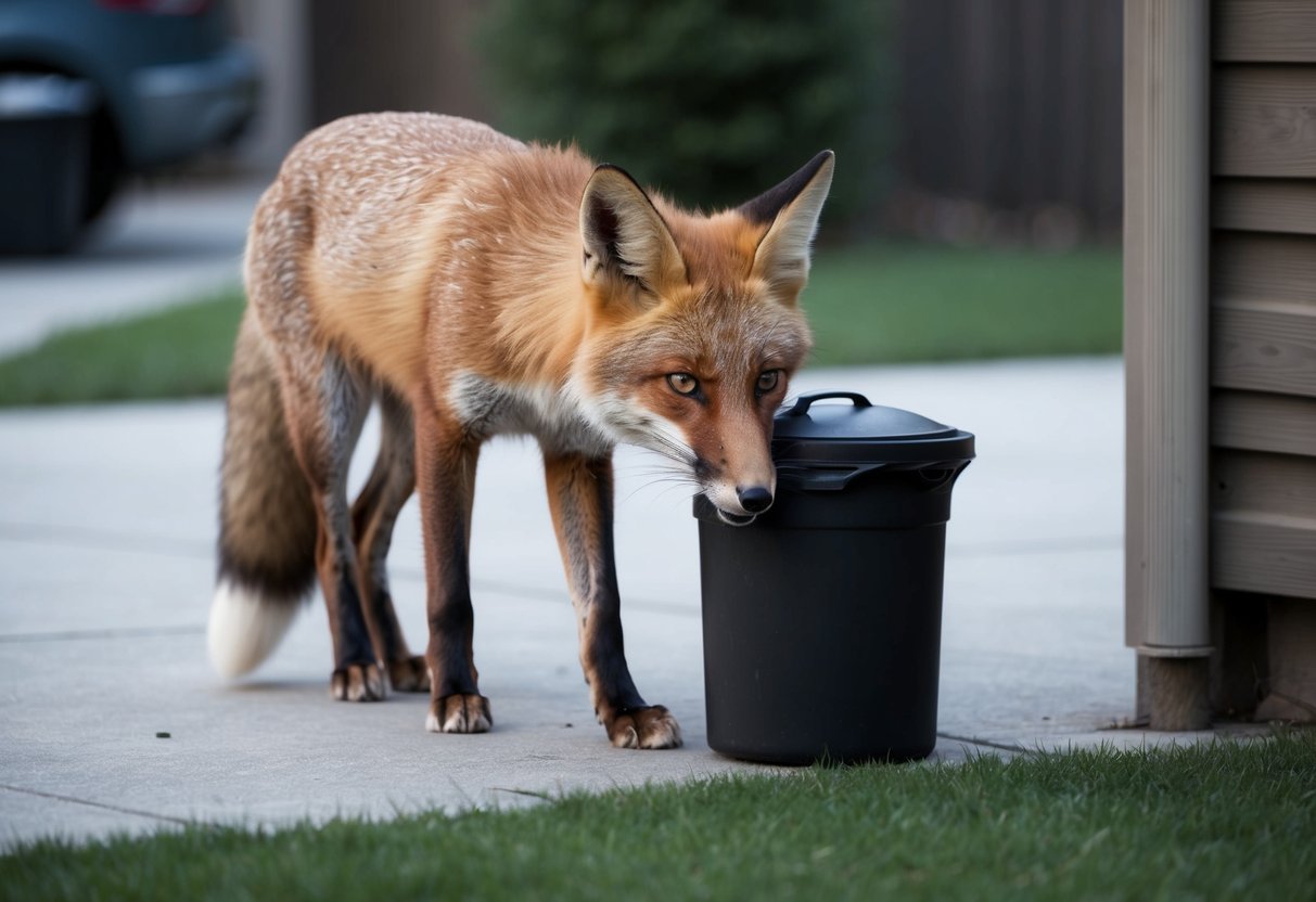 A fox prowls around a suburban backyard, sniffing at a trash can. Its ears perk up as it listens for any potential prey or danger