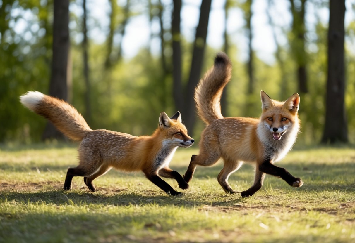 A fox and a cat playfully chase each other through a sun-dappled forest clearing, their tails swishing in the air