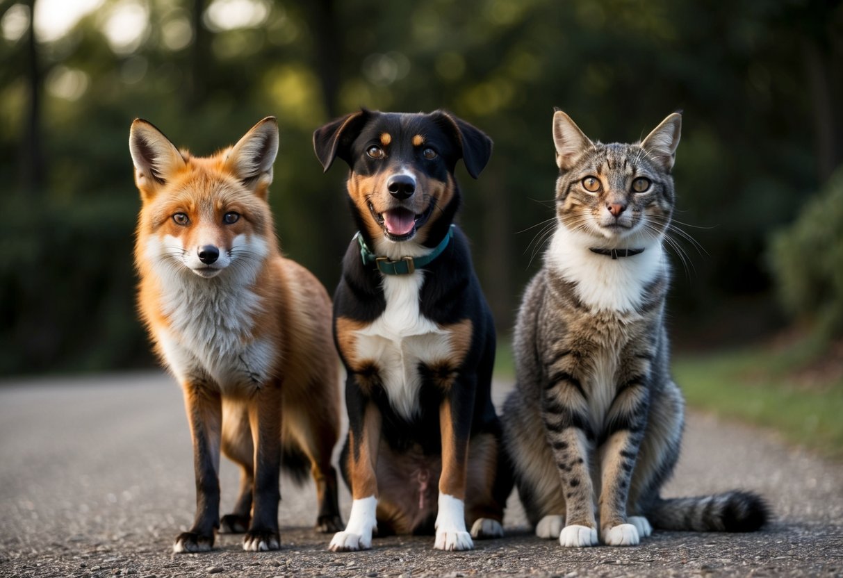 A fox, a dog, and a cat standing together, each with distinct features and expressions, showcasing their differences