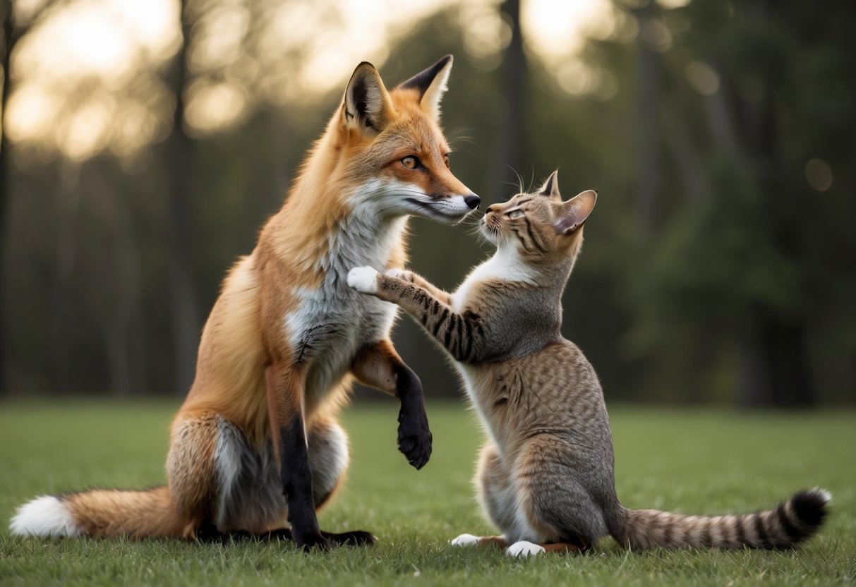 A fox and a cat playfully interact, showcasing their cultural significance and challenging the notion of human relations