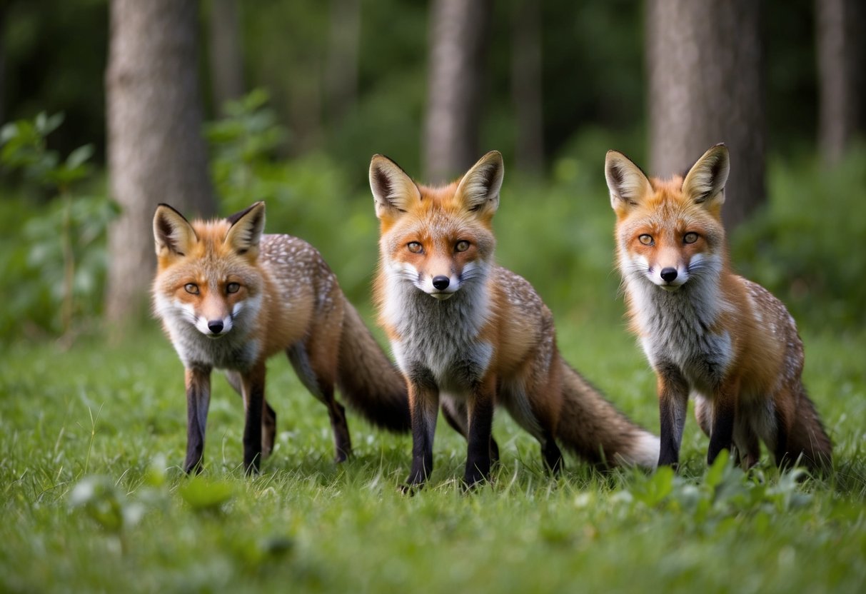 A fox peacefully coexisting with other wildlife in a lush forest setting
